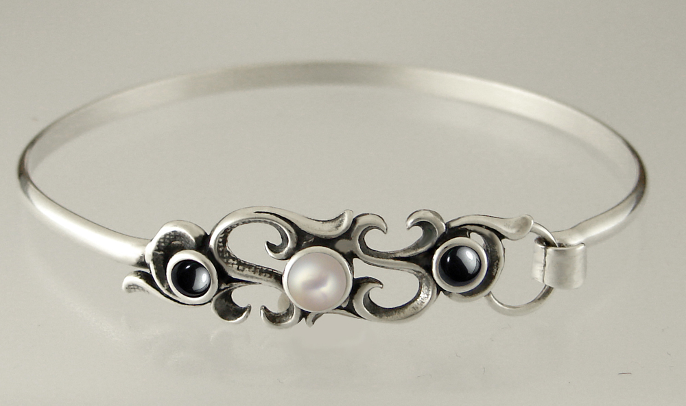 Sterling Silver Victorian Strap Latch Spring Hook Bangle Bracelet with Cultured Freshwater Pearl And Hematite